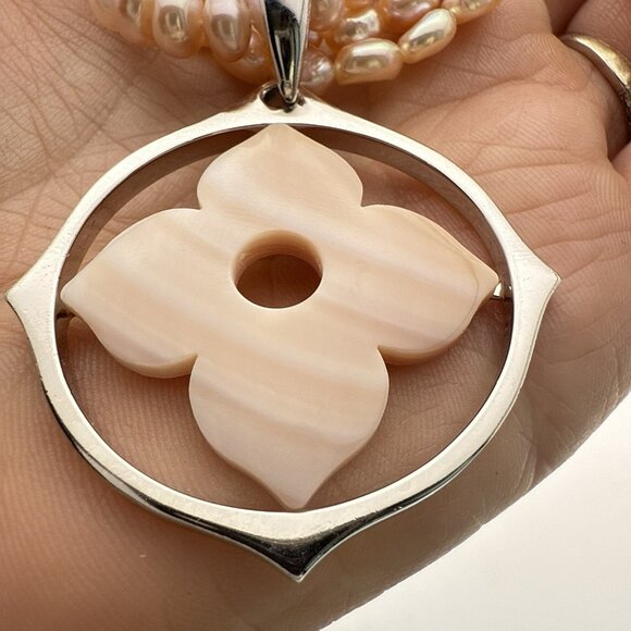 Honora Pearl Necklace Floral Flower Sterling Silver Pink Pendant Triple Strand - Picture 15 of 16